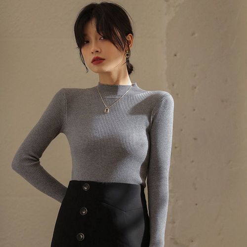 Long-sleeved turtleneck knit top, unisex, pure color, Korean style, semi-high collar, slim fit, women's outerwear.
