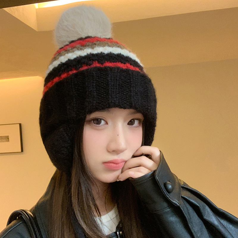 New Retro Fair Isle Style Warm Thickened Fleece-Lined Winter Knitted Hat, Cold-Proof Ear Protection, Tie-Up Wool Hat_voghion.com