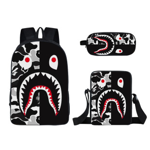 New Shark Cartoon Backpack suit Cartoon Print Shoulder Satchel Fashion Double Layer Pencil Bag Wholesale