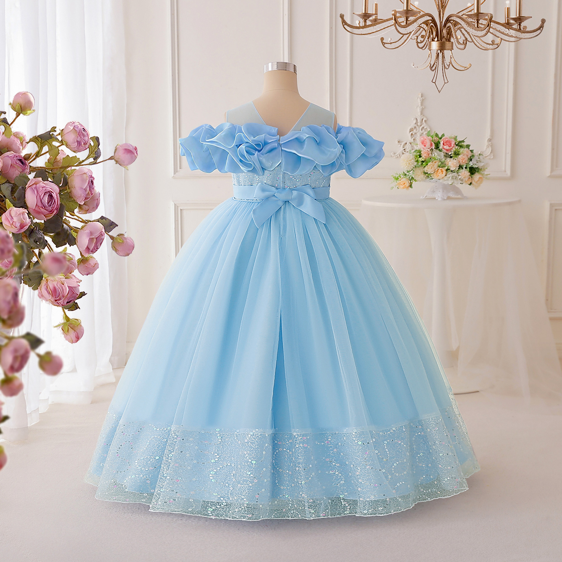 Ventas transfronterizas de vestidos de chicas grandes vestidos de ropa infantil de hombro de malla de tela larga vestida de princesa de lentejas