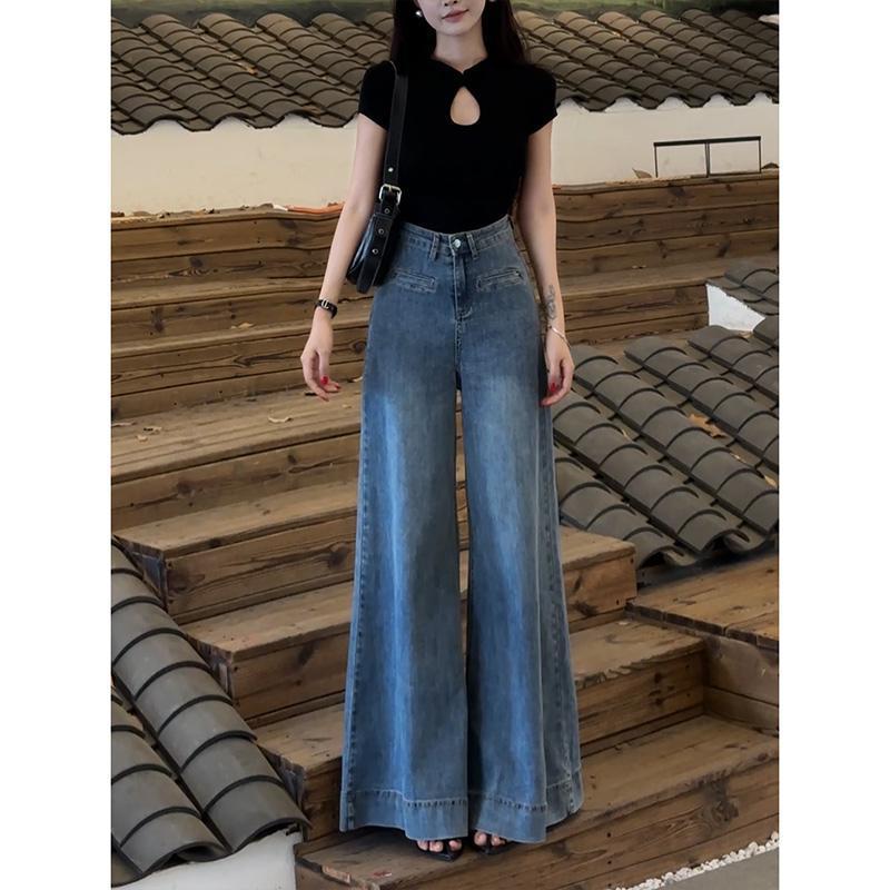 蓝色百搭阔腿牛仔裤女2025年秋季新款高腰宽松百搭显瘦垂感拖地裤|undefined
