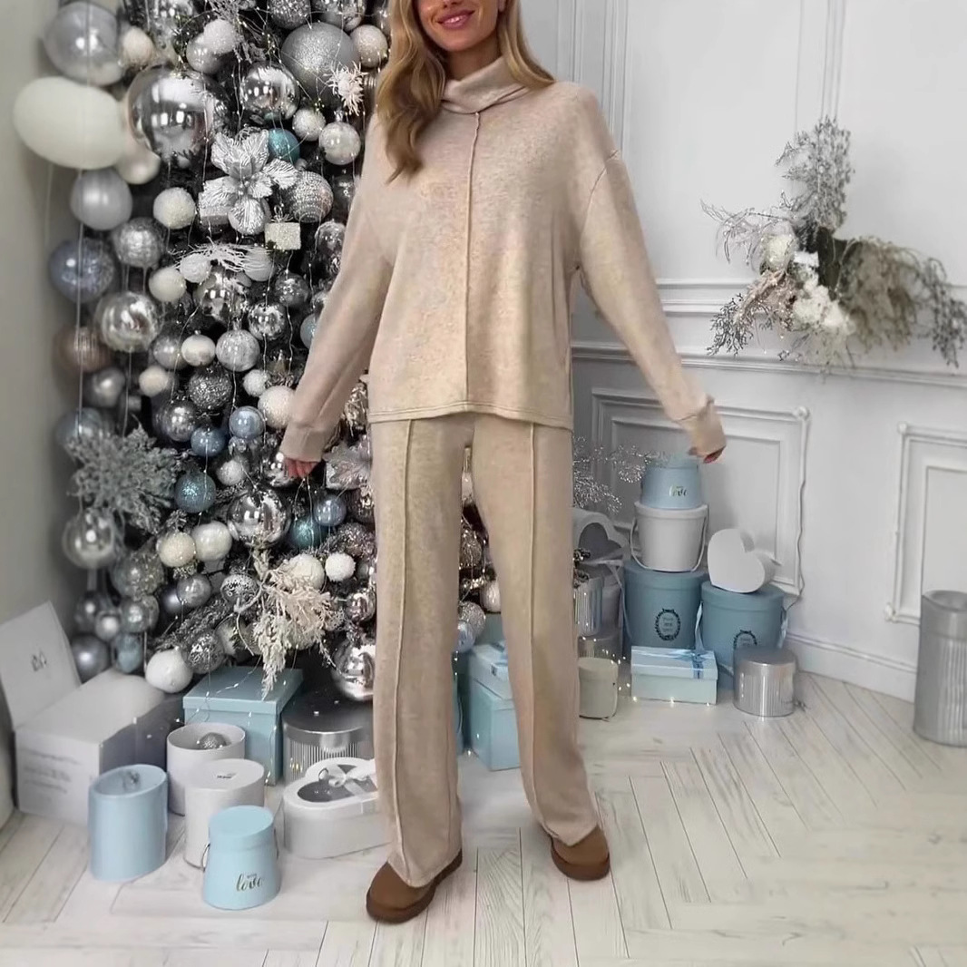 Damenbekleidung Herbst und Winter einfarbig lässig vielseitig Strickanzug hoher Kragen langärmelige Oberteile Hosen Damen_voghion.com