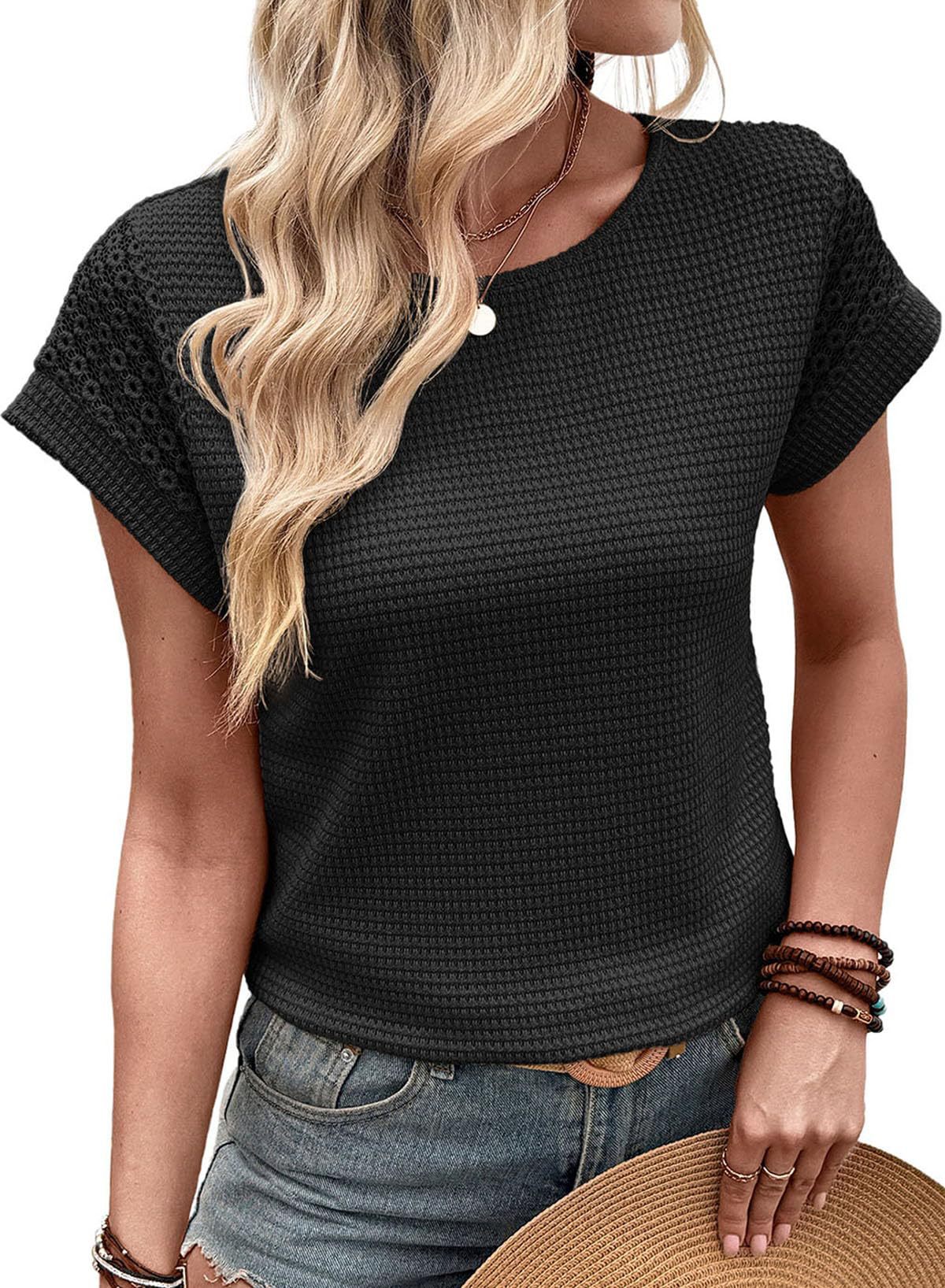 Summer Women's Round Neck T-Shirt Lace Hollow Out Short Sleeve Waffle Knit American Style New_ecoleips.com