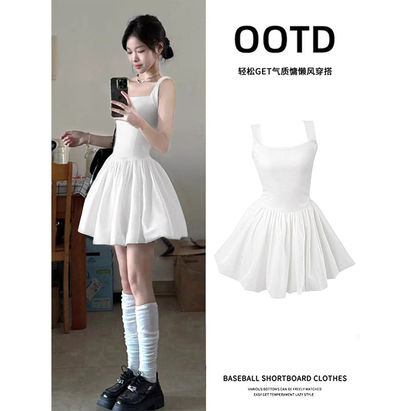 White Spaghetti Strap Dress for Women, Summer Floral Puffy Waist-Cinching Short Dress, Petite Outfit for Petite Women White Spaghetti Strap Dress for Women, Summer Floral Puffy Waist-Cinching Short Dress, Petite Outfit for Petite Women