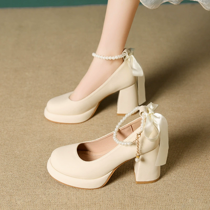 Мягкие кожаные туфли на высоком каблуке женская оптовая весна новый жемчуг французский толстый каблук белый Мэри Джейн нежный ветер светлая обувь женская