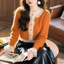 今年流行高级感花边拼接超好看减龄气质时尚显白橙色洋里洋气毛衣