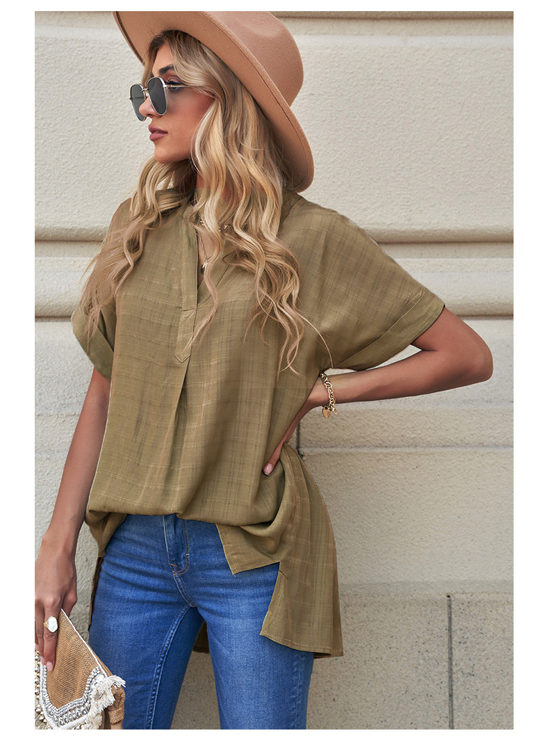 v-neck loose short sleeve solid color/print top NSSI118047