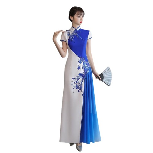 Royal blue with white chinese dresses shows improved qipao cheongsam dress elegant atmosphere young party show nobility evening dress female temperament