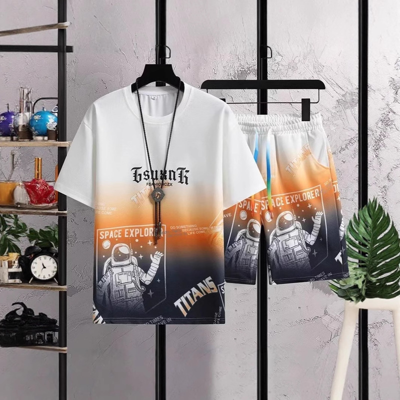 2025 Youth Sports Fashion Easiest for Match T-Shirt Shorts Two-Piece Set Summer New Men's Gradient Casual Suit