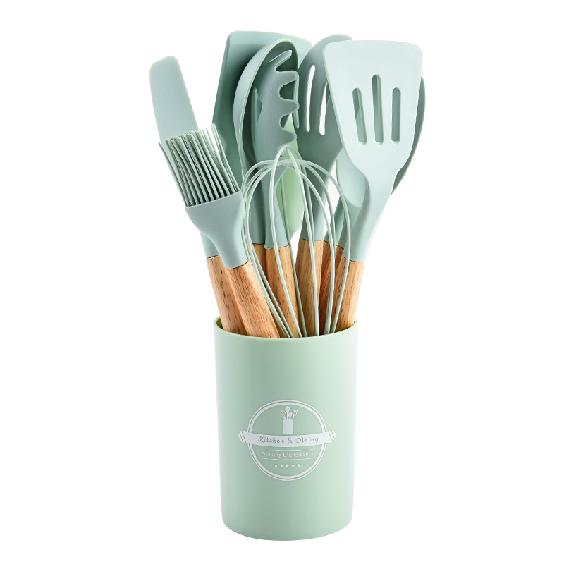 Utensilios de cocina de silicona, juego de 12 piezas, espátula y cuchara antiadherentes, juego de utensilios de cocina de calidad alimentaria con mango de madera, 11 piezas de almacenamiento