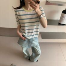 通勤薄短袖T恤女夏季新款多巴胺冰丝针织小衫条纹体恤衫宽松上衣