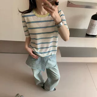 通勤薄短袖T恤女夏季新款多巴胺冰丝针织小衫条纹体恤衫宽松上衣