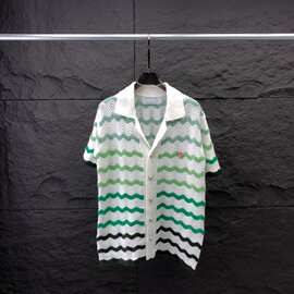 欧美潮流短袖衬衫针织羊毛衫提花波纹男女同款跨境欧货潮流穿搭