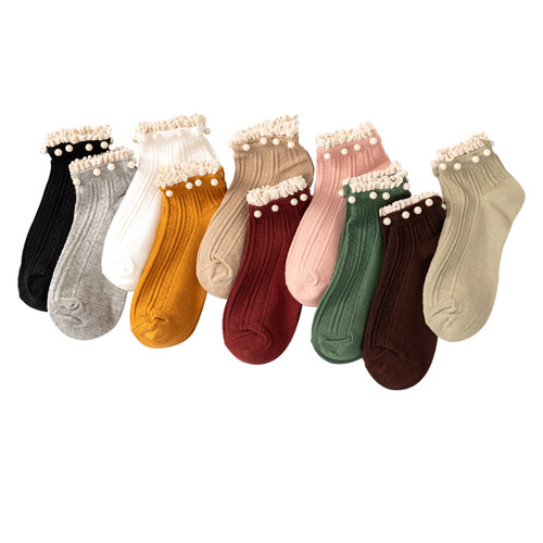 Spring and summer new women's socks, pearl lace boat socks, solid color cotton socks, simple and versatile, manufacturer wholesale