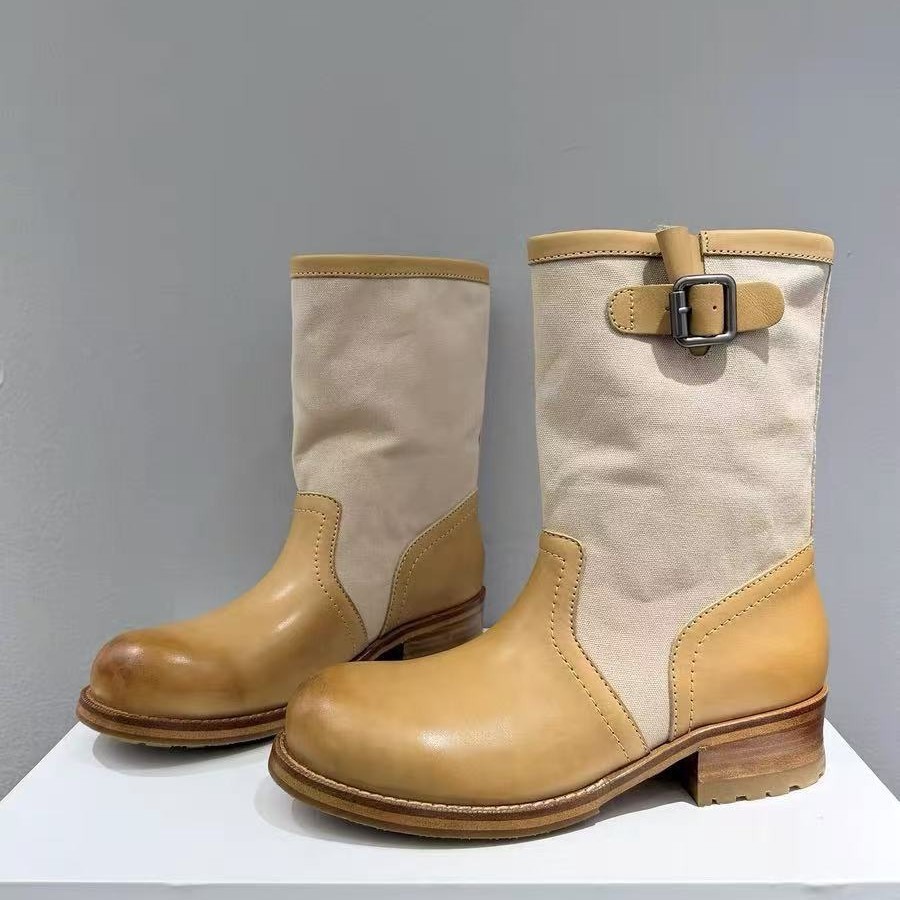 4cm Lift Buckle Detail Round Toe Chunky Heel Riding Boots For Women - Stackable Mid-Calf Boots Distinctive Buckle Accent_vogvips.com