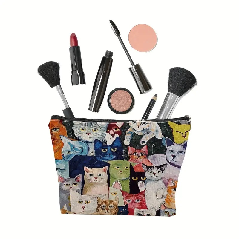 Transfronterizos Amazon maquillaje de mujer diseño de gato maquillaje creativo bolsa bolsa de almacenamiento lino bolsa de cremallera impermeable
