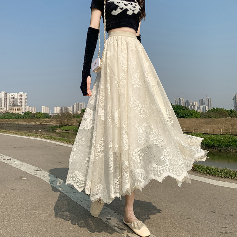 Super fairy draping skirt mid-length women's crocheted lace court style fashionable oversized swing cover mesh skirt