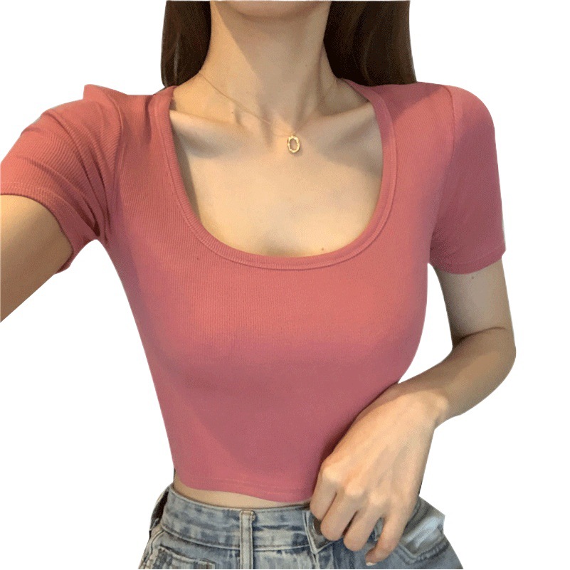 Camiseta básica de mujer, nueva colección de verano 2026, camiseta de manga corta estilo coreano, top corto ajustado, ropa de mujer al por mayor image 1