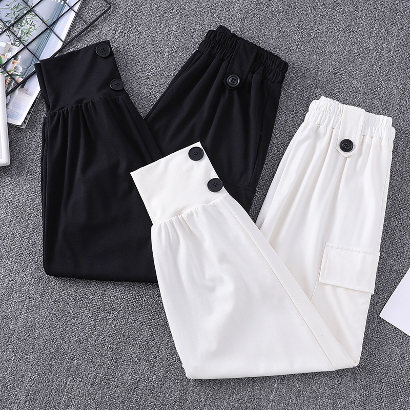 实拍春夏新款高腰宽松休闲束脚简约工装裤胖MM韩版显瘦九分卫裤|ms