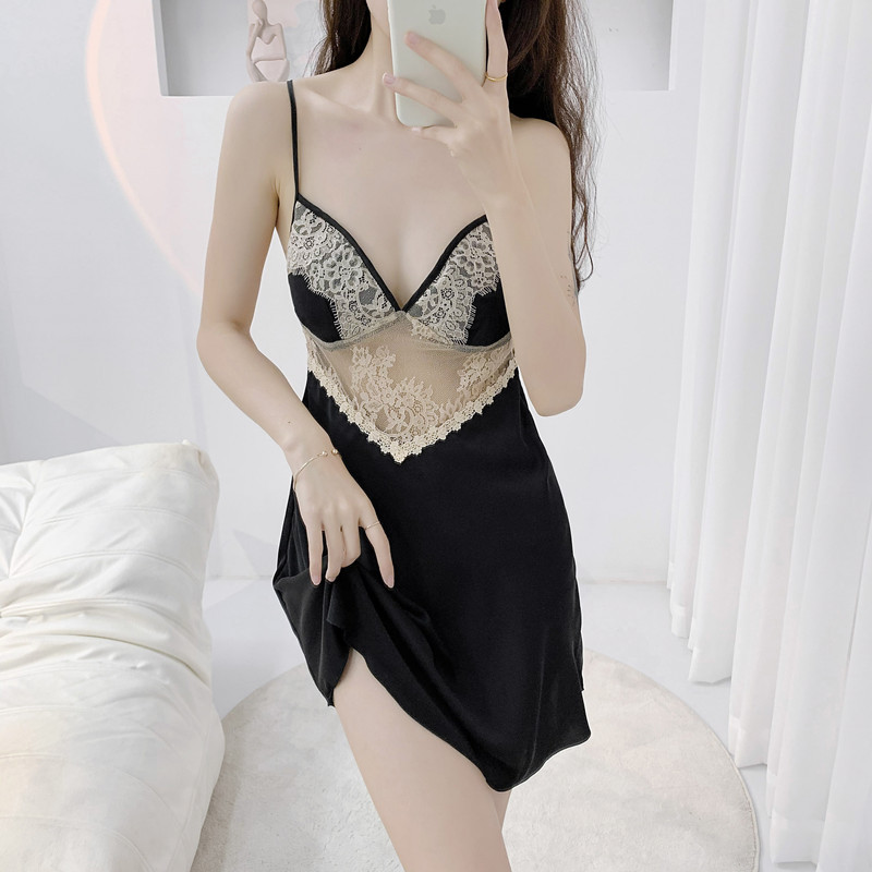 Pajamas Women's Sexy Summer New Deep V Belt Chest Pad Ice Silk Lace Emotional Underwear Sling Nightgown Women's Pure Desire