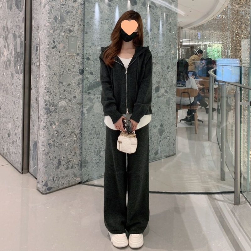 2025年春秋季套装女新款休闲时尚假两件开衫卫衣宽松阔腿裤两件套|undefined