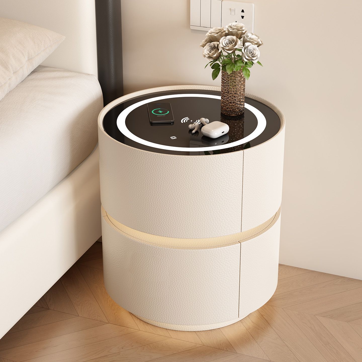 Cream Smart Round Bedside Table Bedroom Home Multi-Functional Wireless Charging Simple Small Apartment Storage Bedside Table