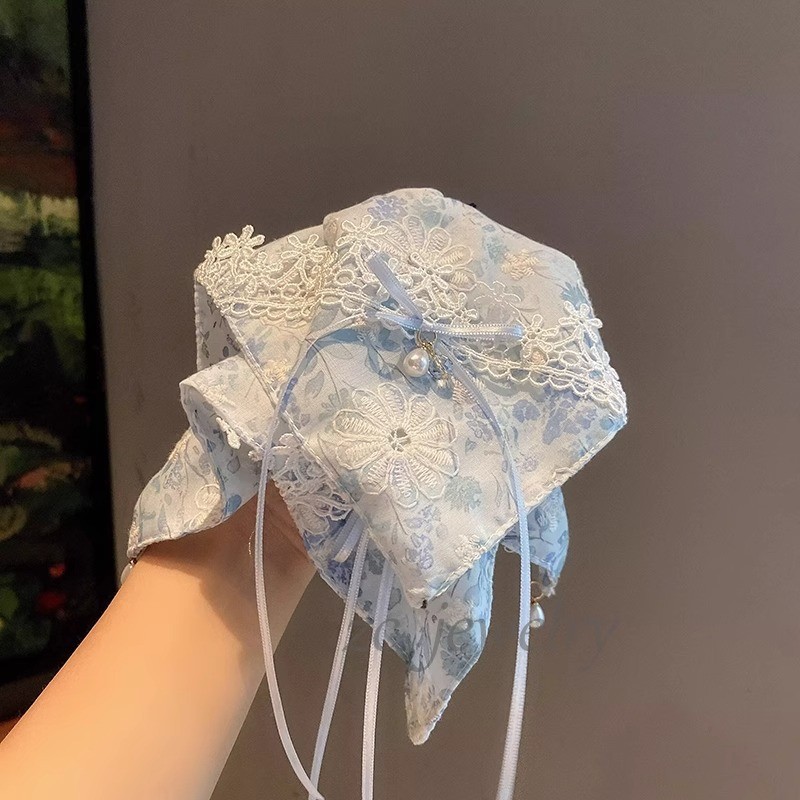 新しい韓国風の甘い青い刺繍花蝶ポニーテールクリップ、年齢を減らす後頭部パールグリッパーヘアクリップ