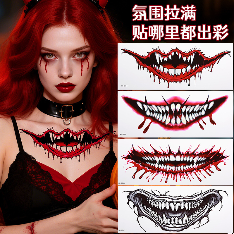 Cross-Border Halloween Big Mouth Tattoo Stickers Horror Thriller Party Party Makeup Stickers Decorative Tattoo Stickers