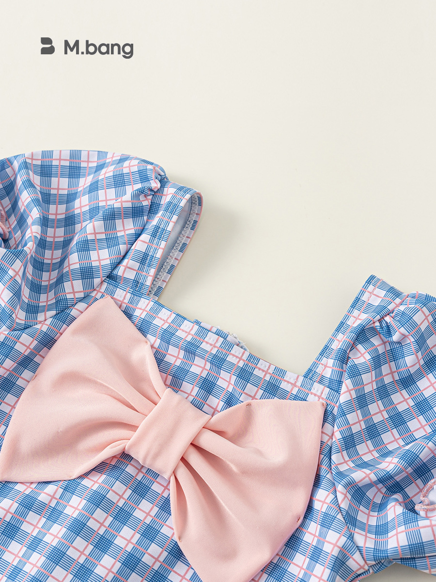 Youbao ropa para niños niñas verano traje de baño de una pieza gorro de baño a cuadros para niños traje de baño de lazo a cuadros con manga abullonada coreana