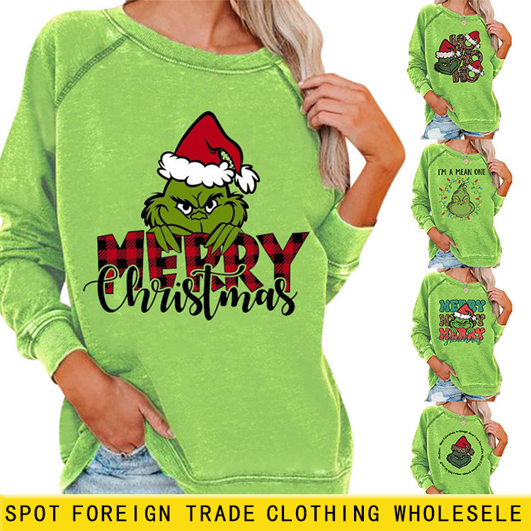 Amazon Independent Station Christmas Grinch Women's Top Foreign Trade Cartoon Cute Horn Sleeve Round Neck Sweater Shirt Amazon Independent Station Christmas Grinch Women's Top Foreign Trade Cartoon Cute Horn Sleeve Round Neck Sweater Shirt