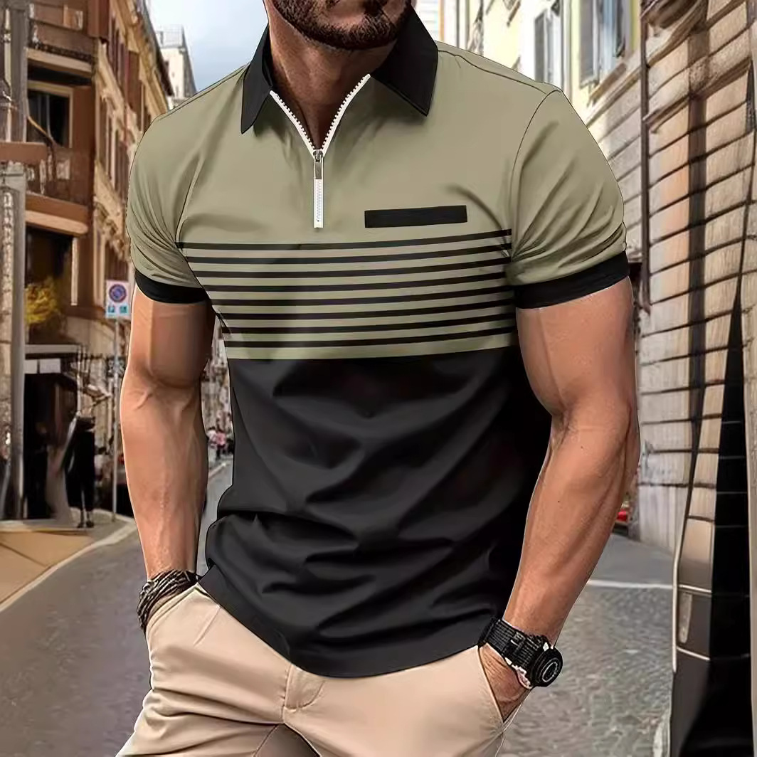 Monochrome Man- 2024 European And American New Cross-Border Striped Print Sho-Sleeve Top Men's Casual Turn-Down Collar Zipper Polo_voghion.com