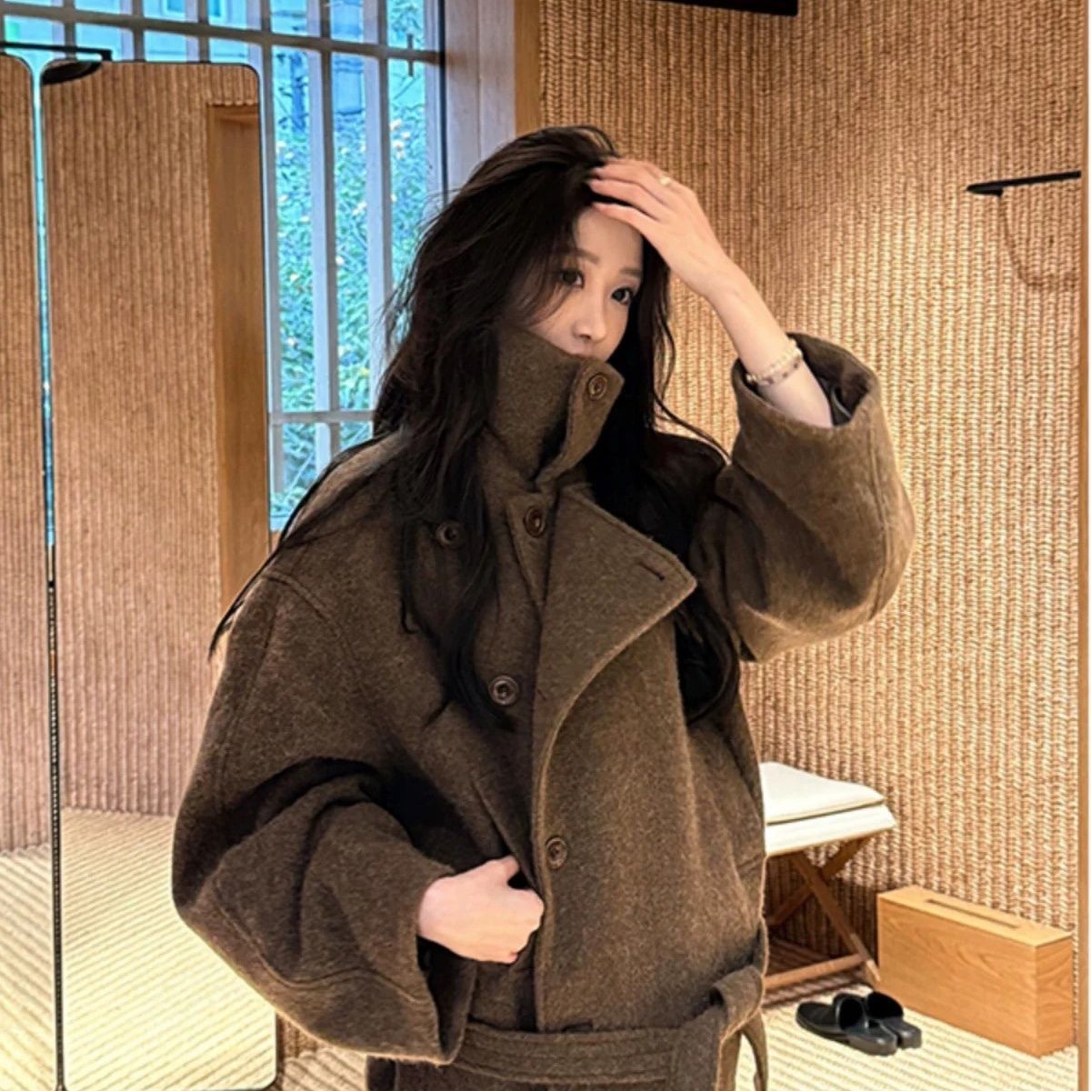 Stand Collar Short Woolen Coat 2026 Autumn and Winter New Style Retro Elegant Tie-Up Lapel Woolen Coat
