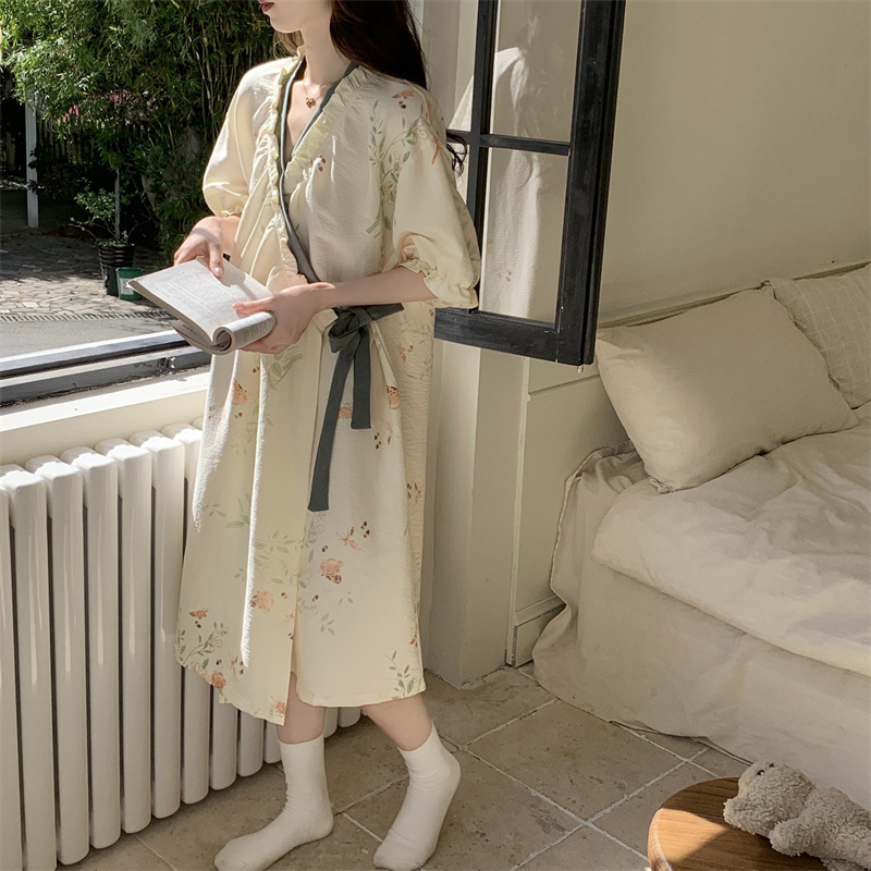 Summer Tie-Up Nightgown for Women, Short-Sleeved, Cloud Cotton, Mori-Style, Artistic, Petite, Slimming, Fresh Green Homewear Robe