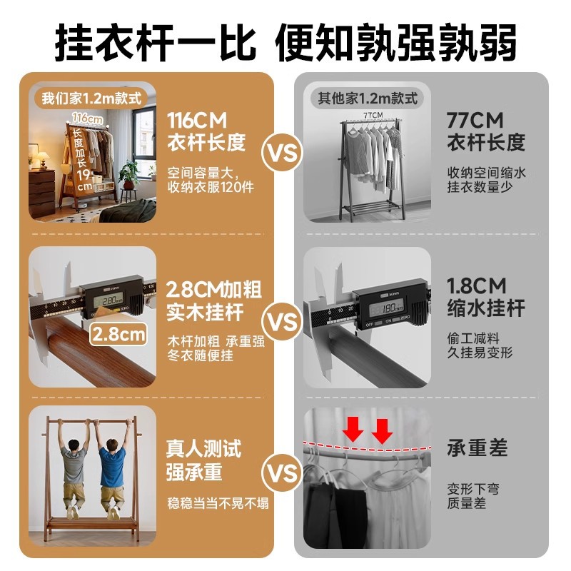 Perchas de madera maciza, perchas de piso, perchas de dormitorio de piso, percheros de bolsas colgantes para el hogar, ropa móvil, estante simple