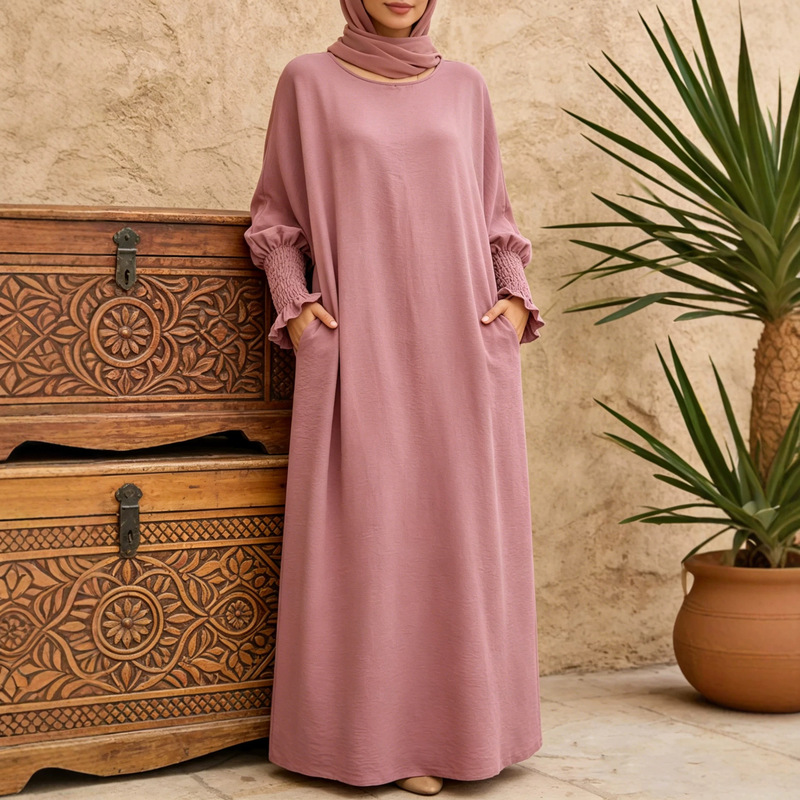 Women's Pink Solid Color Robe, Loose-Fitting Slimming Puff Sleeve Abaya Long Dress with Pockets for Vacation and Leisure