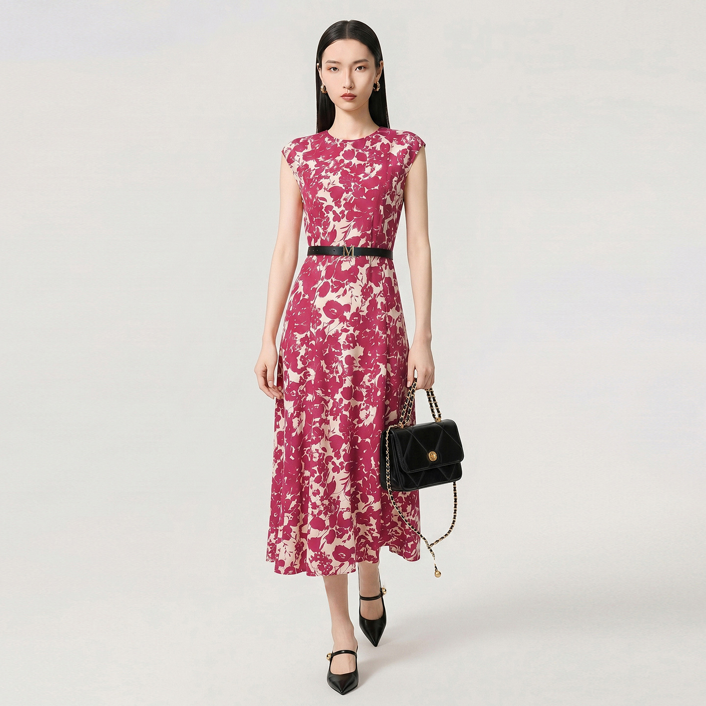 Đầm maxi nữ thắt eo in họa tiết kỳ nghỉ, chất cotton cao cấp không tay — màu hồng đậm