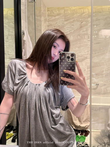 200g Cotton Pleated U-Neck Regular Shoulder Short-Sleeve Women's Han Style High-End Versatile Loose Slimming Top