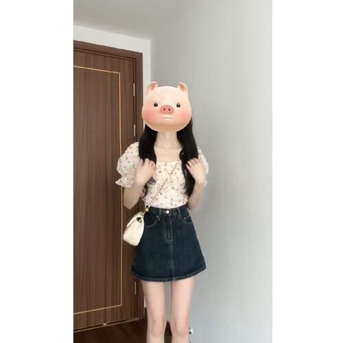 Women's 2024 Summer New Arrival Korean Style Youthful Floral Square Collar Short-Sleeve Shirt Top High-Waisted Denim Skirt Set