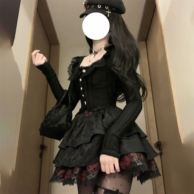 法式古着赫本风黑色裙子女秋两件套修身绝美蓬蓬公主洛丽塔连衣裙|undefined