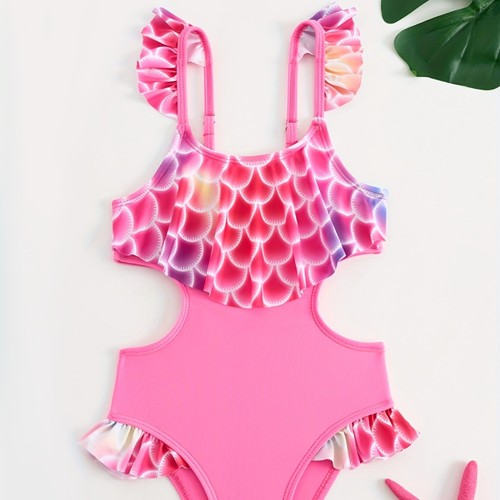 New Women's Children's Swimwear with Lotus Edge Fish Scale Pattern, Cute Little Princess Style, Children's Swimwear with Sun Protection and Bow Ties