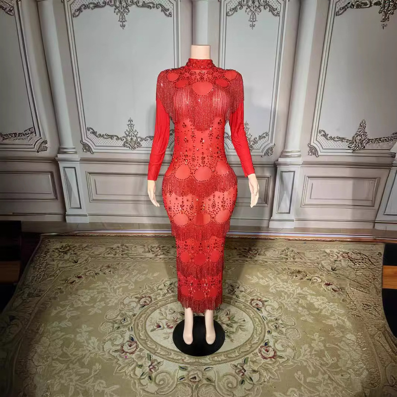 Elegant Fashion Half-High Collar Casual Long-Sleeve Fitted Floor-Length Dress with Rhinestones Evening Gown in Red and Yellow