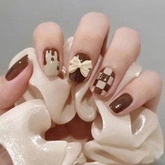[Yihe] Instagram-Famous Handmade European & American Style Chic Sweet Checkered Wearable Nail Art – Ready-Made, Handcrafted Nails