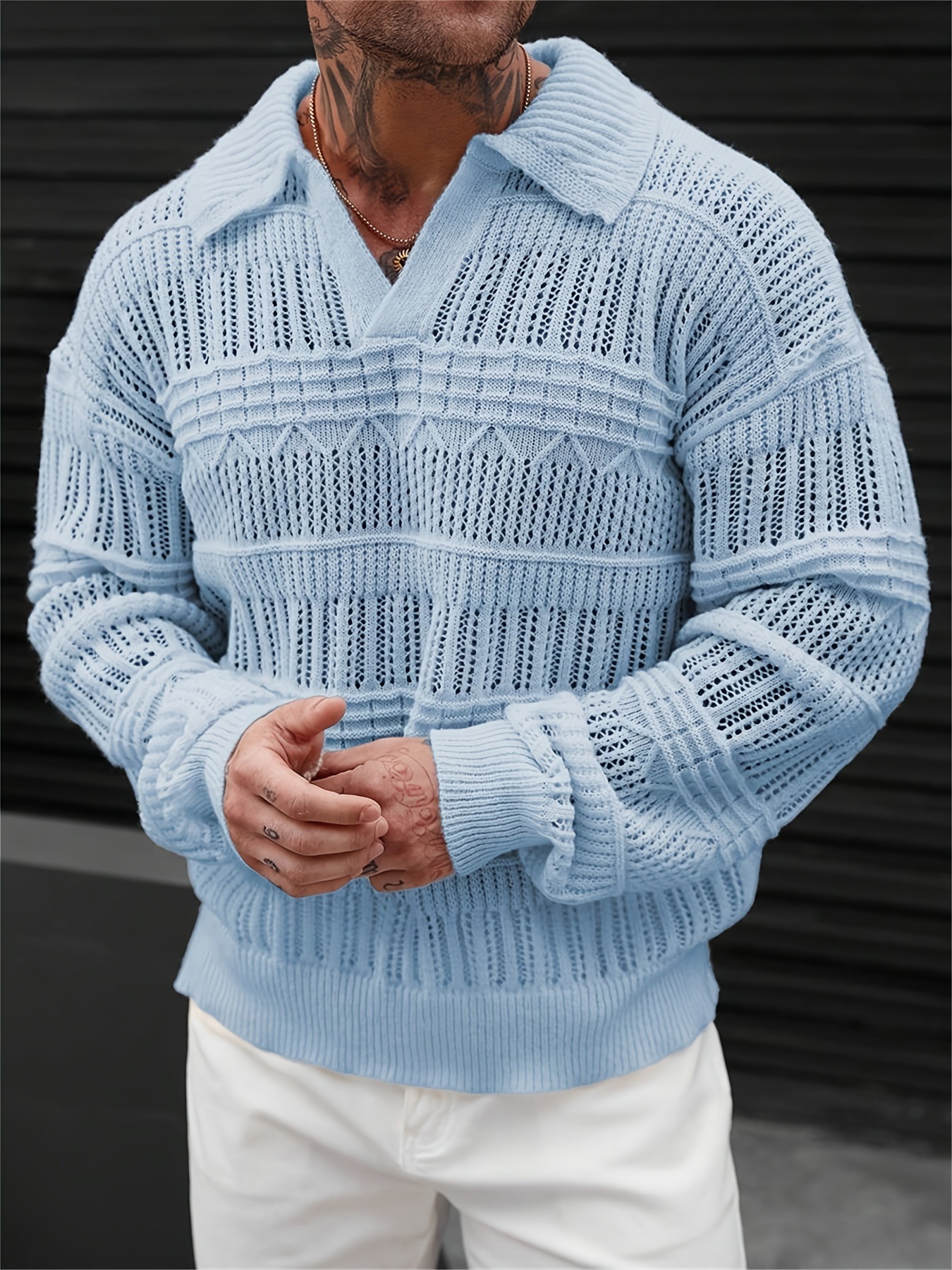 ​Men's Streetwear Hollow-Out Knit Shirt Fashion Loose Fit Short Sleeve Collared Pullover Polyester Breathable Summer Casual​_viptrois.com