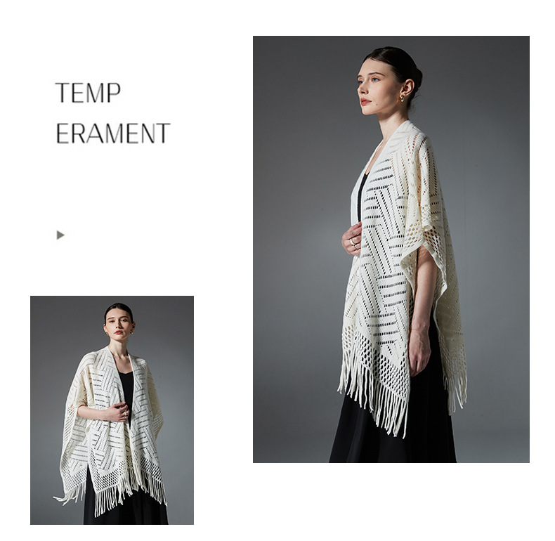 Scialle unisex in maglia a maglia con frange sottili e cave, tinta unita_voghion.com