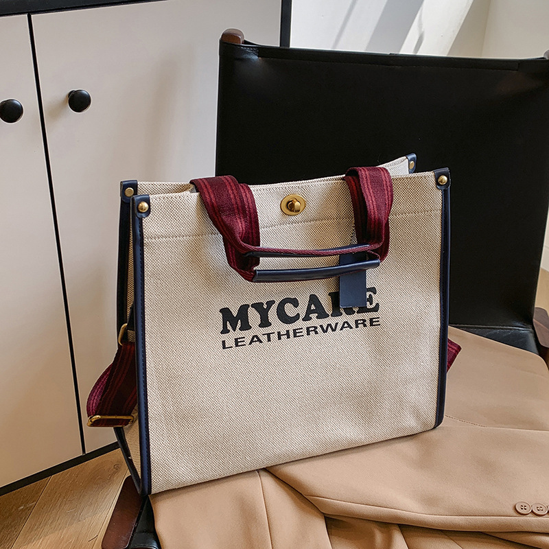 Gran capacidad de viaje al trabajo bolso de mano para mujeres 2024 nuevo lino retro color contraste mochila de hombro