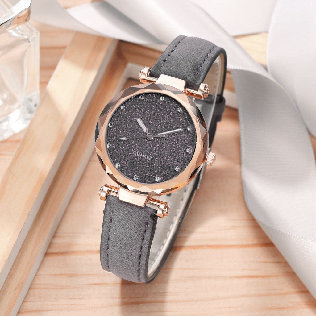 Quartz Movement Round, Starry Sky Pattern Women's Gender Simple Style Style Simple Style Round Starry Sky Buckle Imitation Leather Belt Strap Quartz Watch