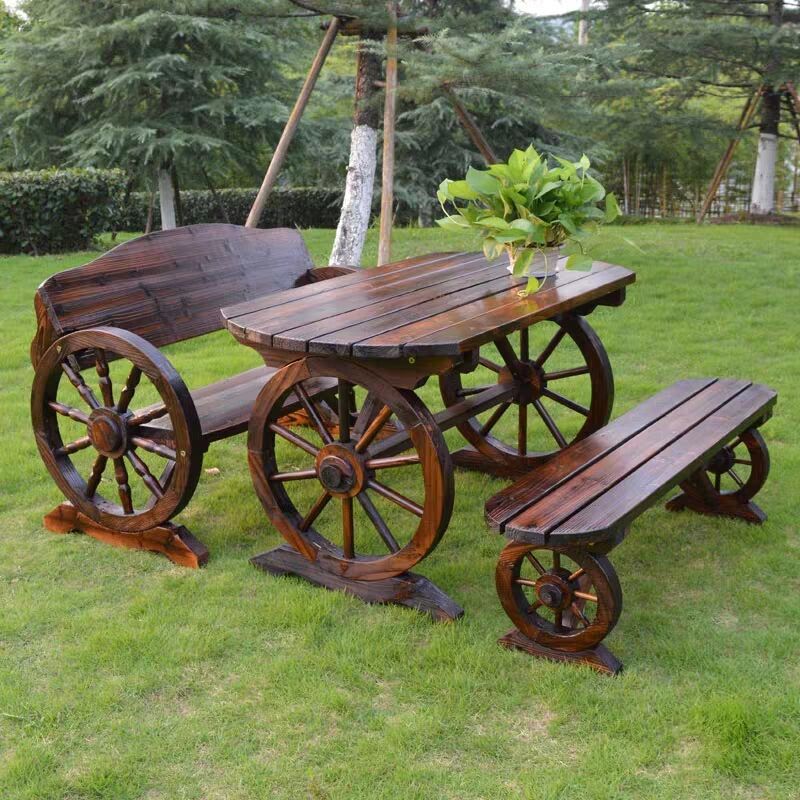 Carbonized Anti-Corrosion Solid Wood Table and Chair Set Outdoor Courtyard Leisure Garden Balcony Open-Air Combination Retro Tea Dining Table and Stools