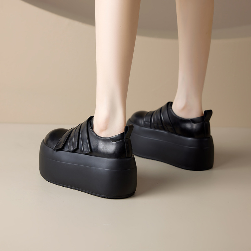 Giày loafer da thật đế xuồng cao 8cm, cổ miệng sâu, khóa Velcro tiện lợi — Màu đen, Màu đỏ