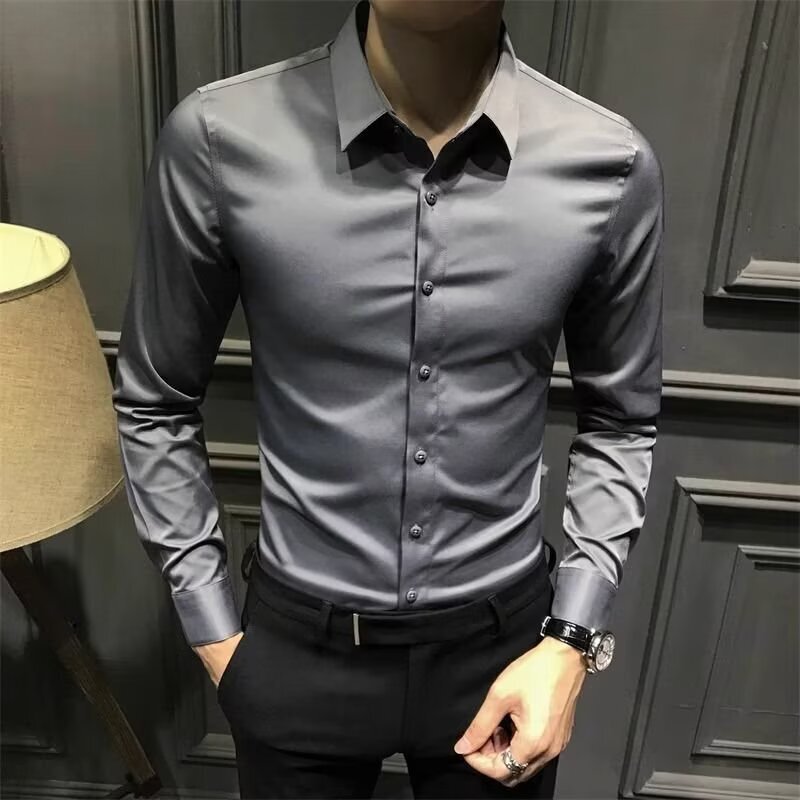 Spring and Autumn Business Men's Solid Color Long-Sleeve Shirt Casual Versatile Gray Base Slim-Fit Shirt Top Men's Clothing