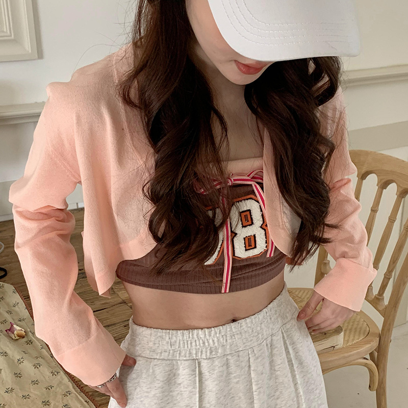 Ropa de protección solar de las mujeres primavera y verano de punto Delgado cardigan de seda de hielo de punto exterior chal con tirantes falda blusa abrigo